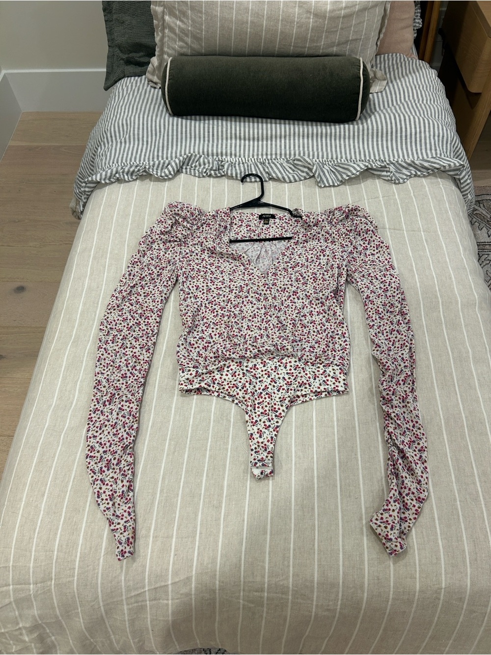 AFRM Cream Floral Long-Sleeve Bodysuit with Pink and Red Print